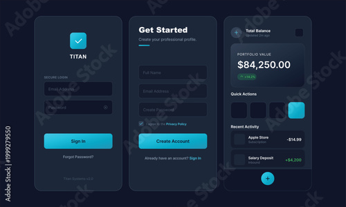 Mobile app onboarding screens, dark mode UI, finance dashboard, digital interface