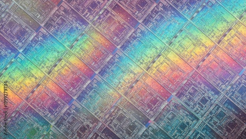 Technology - Colorful Silicon Wafer with Iridescent Rainbow Semiconductor Chip Dies Macro Close Up View