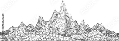 Wireframe mountain range with triangular mesh