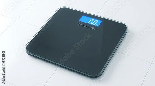 Digital bathroom scale with glass surface, metallic accents, blue backlit display showing “0.0 kg,” modern design on tiled floor, sleek household device for measuring body weight.