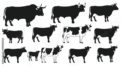 Collection of Diverse Cow and Bull Silhouettes, Farm Animals Set