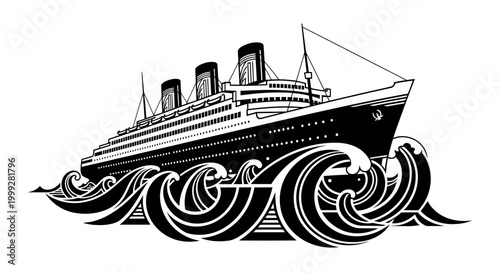 Vintage Ocean Liner Sailing Through Rough Waves, Black and White Illustration