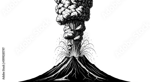 Volcano Eruption with Smoke Plume and Ash Cloud, Black and White Illustration