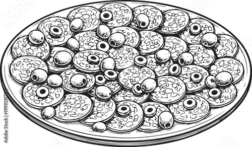 Black and white line of sliced sausage and olives