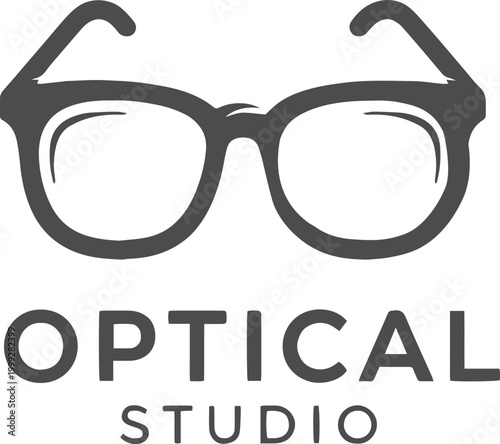 Black eyeglasses and text optical studio