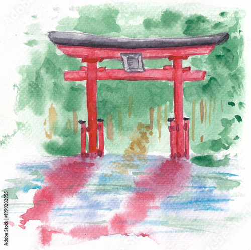torii gate with water reflection watercolor illustration