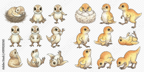Set of cute baby dinosaur illustrations in various poses, perfect for children's designs and playful themes.