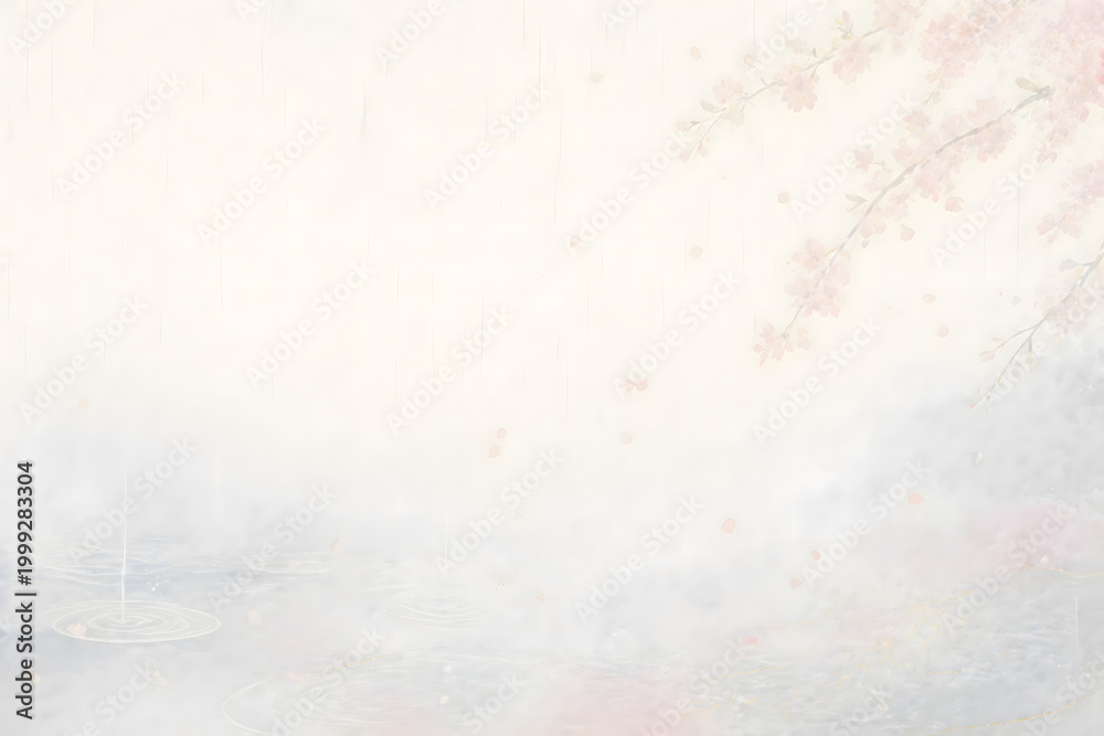 Obraz premium Minimalist Japanese spring rain background with gentle drizzle, soft haze and elegant clean copy spac