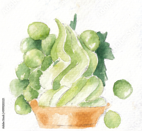 Grape ice cream scoop with floating grapes isolated on white, watercolor hand drawn sketch