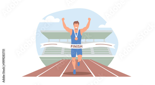 Athlete celebrates winning a Labor Day sports event at a crowded stadium with cheering fans on a sunny day with a finish line and track.