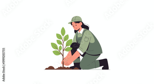 A person in uniform plants a tree on Labor Day in a park with green leaves and brown soil from a garden.