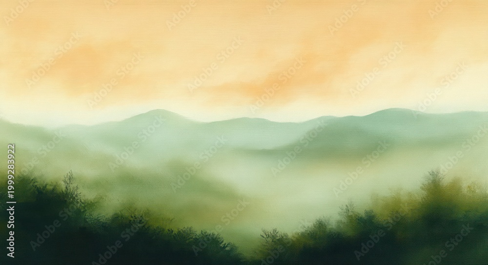 Fototapeta premium Misty layered green hills and forest silhouettes in a fog-filled valley beneath a warm golden sunrise sky conveying calm and serene tranquility