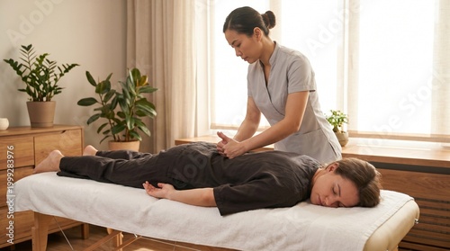 Massage therapist giving a relaxing massage to a woman on a massage table