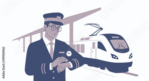 A train conductor in uniform checks his watch as a white train approaches the station on Labor Day morning.