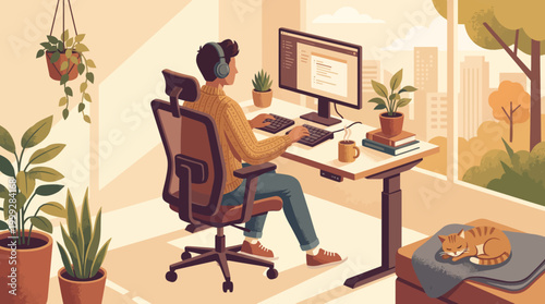 Remote worker with cat at home office