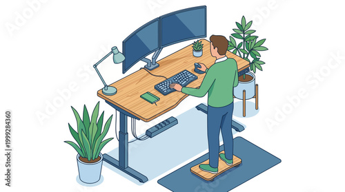 Standing desk with computer and plants