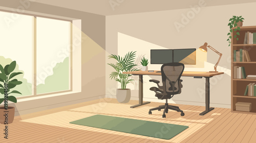 Modern home office with plants and wooden desk