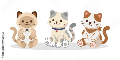 A cute cartoon illustration set featuring a funny cat and a brown puppy dog with a bone alongside a collection of toy teddy bear and lion icons for a fun animal vector art drawing