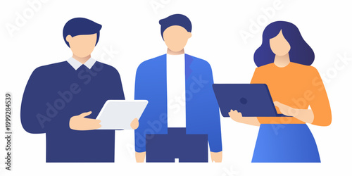 Team of three people with tablets flat vector illustration