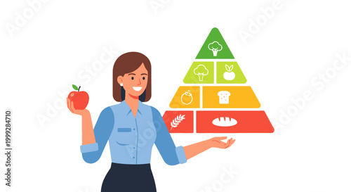 A woman celebrates Labor Day with a healthy lifestyle pyramid and an apple in hand.