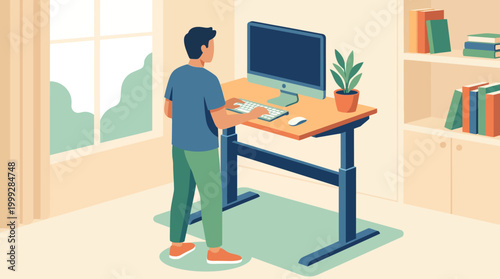 Man working on standing desk with computer and books