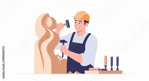 A carpenter works on a wooden sculpture in his workshop on Labor Day with tools and equipment around him.