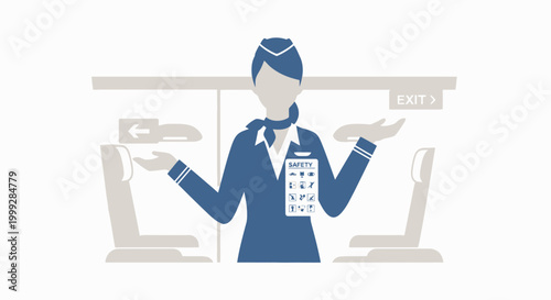 Flight attendant in blue uniform presenting menu on Labor Day at airport gate with departure board and exit sign.
