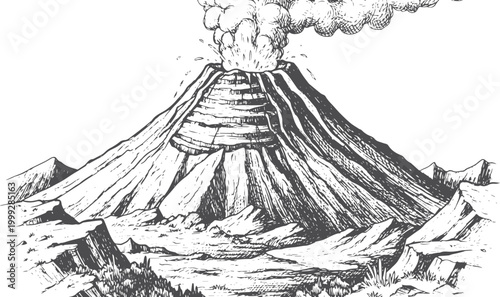 Erupting volcano with smoke and lava flow, ink