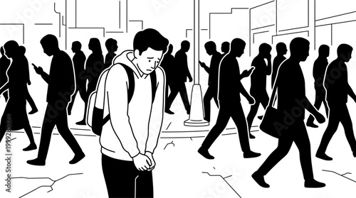 Lonely Anxiety Man Walking in a Crowd Illustration