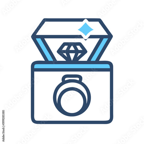 Jewelry box containing a diamond ring with a minimalist design and blue accents
