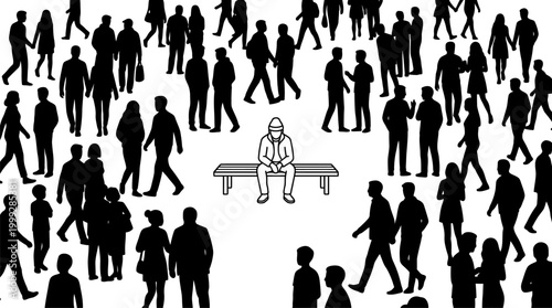 Lone individual sits on bench surrounded by crowd of people