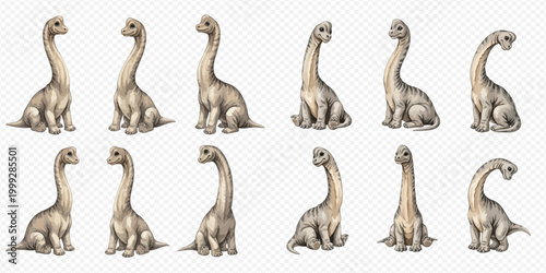 Set of cute baby Brachiosaurus dinosaurs in various poses, isolated on transparent background, perfect for children's designs and educational materials.