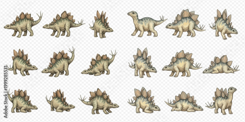 Collection of various Stegosaurus dinosaur poses and actions, showcasing different angles and movements of the prehistoric creature.