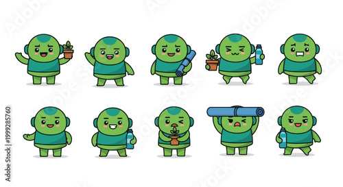 Cute Green Alien Character Poses: Yoga, Water, Plants, Happy, Sad