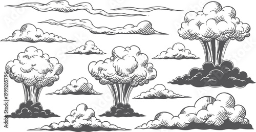 Hand-drawn engraving style clouds and mushroom cloud set