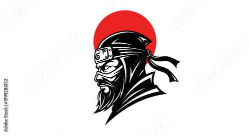 Illustrative Depiction of a Fierce Japanese Warrior with a Red Sun Symbol in the Background