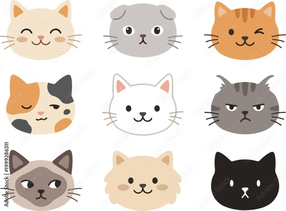 Fototapeta premium Cute Cat Faces Bundle, Vector Flat Illustration of Diverse Kitty Characters and Expressions