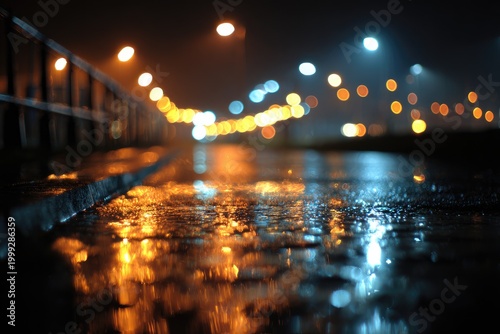 Rainy night, wet pavement reflecting blurry streetlights, with a railing in the background