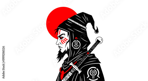 Mysterious hooded warrior with glowing red eyes and a sword, standing against a stark white background with a red sun