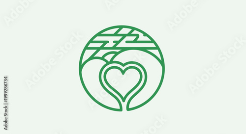 A green line art illustration of a heart intertwined with a landscape, symbolizing love and nature