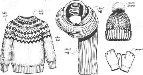 Hand-drawn winter clothing set with sweater, scarf, hat, and gloves