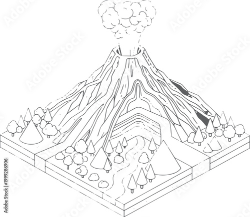 Isometric cross-section view of an erupting volcano