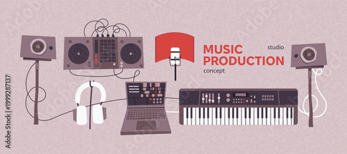 Music Production Studio Concept with Professional Audio Equipment, Laptop with DAW Software, MIDI Keyboard, Headphones, Microphone, and Studio Monitor Speakers for Digital Sound Recording Vector