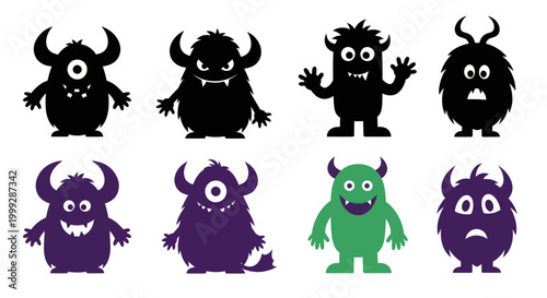 Cute Cartoon Monsters Collection: Diverse Silhouettes for Kids & Halloween