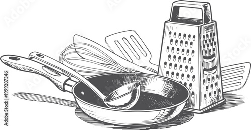 Kitchen utensils with pan, grater, whisk, and ladle