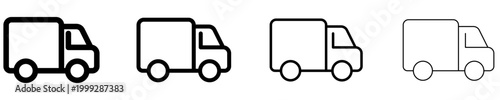 Set of linear cargo truck icons with different line weights. Minimalist symbols for visualizing logistics, goods delivery, and freight transportation. Vector illustration.