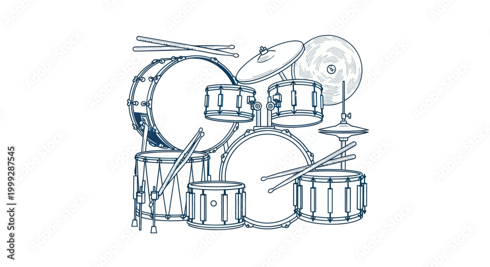Naklejka premium Hand-drawn Drum Kit Outline Illustration - Musical Instrument Vector Art