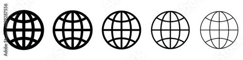 Set of linear globe icons with meridians and parallels with different line weights. Minimalist symbols for visualizing global network or international communication. Vector illustration.