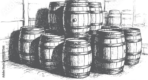 Of stacked wooden barrels in a cellar storage