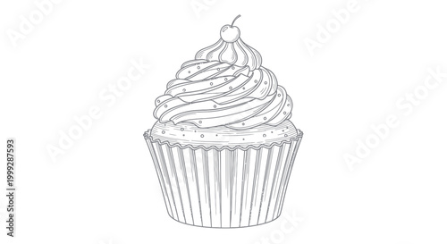 Hand-drawn sketch of a frosted cupcake with cherry and sprinkles, isolated on white